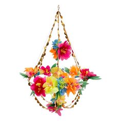 a flower arrangement hanging from a string