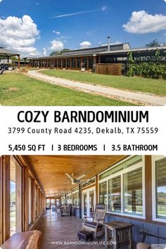 an advertisement for the cozy barndominum