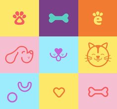 several different colored squares with dogs and cats icons on them, including one cat's head