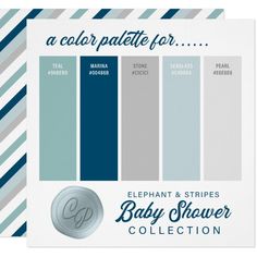 a baby shower color palette for the elephant and stripes baby shower collection is shown in blue, gray, and white