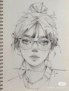 a drawing of a woman with glasses on her head