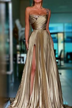 Designer A-line One Shoulder Sequined Prom Dress With Slit-misshow.com Gold Gown, Golden Dress, Prom Dresses Sleeveless, فستان سهرة, Gala Dresses, Evening Dresses Elegant, Glam Dresses, Gorgeous Gowns, Gold Dress