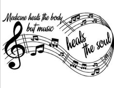 an image of music notes with the words heals the soul written in cursive writing