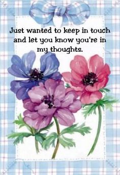 a card with three colorful flowers on it and the words just wanted to keep in touch and let you know you're in my thoughts