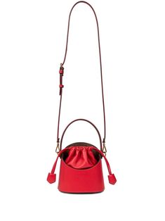 bright red calf leather bucket body double layer single flat top handle adjustable detachable shoulder strap cut-out top handle logo-engraved gold-tone hardware debossed logo to the front main compartment internal patch pocket paisley print full lining top drawstring fastening Debossed Logo, Chanel 2, Loafer Mules, Iconic Bags, Leather Bucket Bag, Leather Bucket, Summer Beach Wear, Ballet Flat Shoes, Pump Sandals