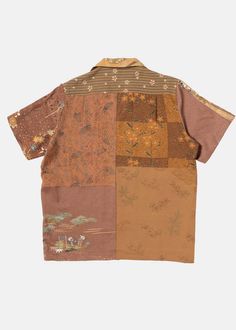 Silk kimono patchwork shirt in brown.  short sleeve  front chest pocket  straight hem    100% silk  made in china.    *patchwork/ pattern will differ with each ite... V-neck Patchwork T-shirt, Silk Kimono With Patchwork, Brown Patchwork Button-up Outerwear, Luxury Long Sleeve Patchwork Kimono, Multicolor Patchwork V-neck Outerwear, Layering Jacket, Patchwork Shirt, Brown Oxfords, Mohair Wool