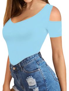 This Elegant Short Sleeve Top combines modern style with comfort, perfect for those who value a sleek, minimalistic look. Featuring a distinctive cut-out design, it stands out as an ideal option for casual and semi-formal events. Features: Material: Made from a soft, stretchable fabric blend that balances comfort and durability. Special Features: Features a distinctive cut-out and a deep V-neckline for an elegant appearance. Technical Specifications: Slim fit design to enhance the silhouette whi Cutout Tops For Night Out, Night Out Cutout Tops, Plain Light Blue Tops For Spring, Light Blue Plain Tops For Spring, Casual Cutout Tops For Night Out, Elastane Cutout Tops For Night Out, Modern Blue Tops For Summer, Fitted Cutout Tops For Spring, Modern V-neck Top For Night Out