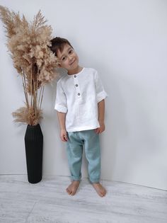 Ring bearer baby suit Sustainable kids clothing Eco friendly child outfit Organic linen boho style Rustic suit for toddler boy or girl Harem pants Linen set of shirt and pants. Convenient children's clothing made of 100% linen. A basic shirt and harem pants are the perfect clothing for your child's summer walks or formal events.  This is a completely unique product, handmade. In the create of children's clothing, I use only natural materials of 100% linen and coconut buttons. You can choose a co Kids Linen Clothes, Boy Child Outfits, Little Boy Summer Outfits, Bohemian Outfits Party, Girls Harem Pants, Kids Dress Boys, Summer Walks, Toddler Suits, Linen Pants Outfit