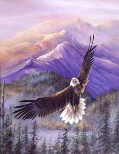 an eagle flying through the air with mountains in the background and a poem written on it