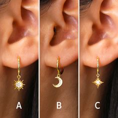 [ OPTIONS ]  *SINGLE: 1x single earring only *PAIRS: 2x earrings (select this option if you are looking for an earring for both ears!) [ EARRING MEASUREMENTS ]  Hoop Inner Diameter: 9mm A - Charm Dimensions: 7mm x 7mm B - Charm Dimensions: 6.5mm x 6.5mm C - Charm Dimensions: 5mm x 5mm Post Gauge (Thickness):  *18G (1.00mm) [ MATERIALS ]  *Crafted with .925 sterling silver  *100% nickel-free  *Gold: 18K gold plated  *Silver: Rhodium Plated  *Gemstones: AAA Grade Lab Simulated Diamonds 🤍 Only HYP Celestial Star-shaped Hoop Earrings With Moon Charm, Celestial Star-shaped Hoop Earrings, Celestial Hoop Earrings With Star Charm, Celestial Hypoallergenic Round Hoop Earrings, Celestial Hypoallergenic Hoop Earrings, Gold Moon Shaped Cartilage Earrings, Gold Moon-shaped Cartilage Earrings, Moon Charm Huggie Earrings, Celestial Huggie Hoop Earrings