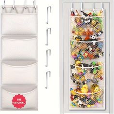 the over door toy organizer is white and has five shelves with compartments for stuffed animals