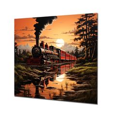 an oil painting of a train traveling through the woods at sunset with trees and mountains in the background