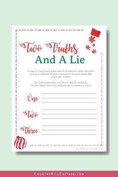 a printable christmas wish card with the words, true truth and a lie on it