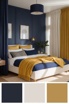 Dark Blue Gold Bedroom, Blue Gold White Bedroom, Blue And Gold Bedroom, Blue Gray Bedroom, Student Bedroom, Blue Bedroom Walls, Theme Dark, Dark Blue Bedrooms, Navy Blue Bedrooms