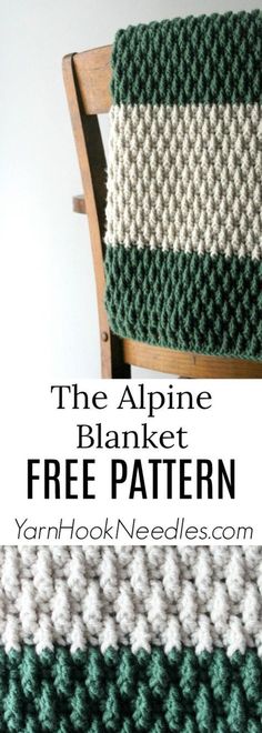 the alpine blanket free crochet pattern is shown in green, white and grey