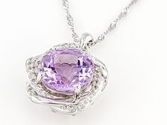 5.27ct Round Orchid Amethyst and 0.74ctw Round White Zircon Rhodium Over Silver Pendant With Chain. Measures Approximately 0.99"L X 0.75"W. 3mm bail. Lavender Fine Jewelry With Diamond Accents, Lavender Amethyst Jewelry With Diamond Accents, Lavender Fine Jewelry With Gemstone Accents, Fine Jewelry With Gemstone Accents In Lavender, Lavender Diamond Gemstone Jewelry, Fine Jewelry Lavender With Prong Setting, Sliver Necklace, Lavender Amethyst, Dangle Necklaces