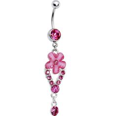 a pink flower belly ring with crystal stones