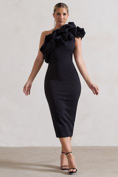 Orchestra Black One Shoulder Ruffled Midi Dress – Club L London - USA One Shoulder Bodycon Midi Dress, One-shoulder Bodycon Dress With Ruffles For Formal, One Shoulder Ruffled Bodycon Evening Dress, Evening One-shoulder Bodycon Dress With Ruffles, One Shoulder Bodycon Dress With Ruffles For Evening, Elegant Bodycon Dress With Ruffles, One Shoulder Ruffled Bodycon Dress For Cocktail, One-shoulder Ruffled Bodycon Dress For Cocktail, One-shoulder Ruffled Bodycon Cocktail Dress