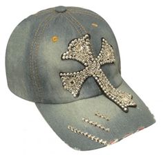 Denim Bling Cross Distressed Cap Bling Denim, Distressed Cap, Rhinestone Cross, Denim Hat, Hat Fashion, Crystal Rhinestone, On Back, Women's Accessories, Leather Straps