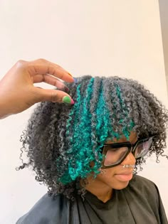 Peekaboo Hair Dye Black Women, Colorful Tips Hair, Two Strand Twist Dyed, White And Black Dyed Hair, Blue Green Hair Black Women, Ginger And Teal Hair, Dyed Hair Inspiration Blue, Teal Skunk Stripe, Brown Hair With Skunk Stripe