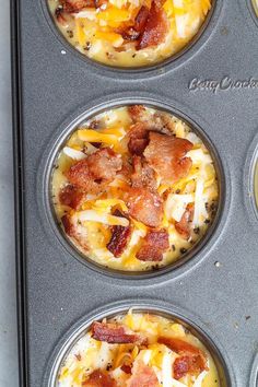 four muffin tins filled with bacon and cheese