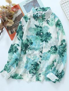 Women's Shirts Long Sleeve Lapel Green Floral Print Chiffon Shirt Green Long Sleeve Blouse With Floral Print, Green Floral Print Long Sleeve Shirt, Elegant Printed Green Shirt, Elegant Green Printed Shirt, Green Collared Top With Floral Print, Green Collar Blouse For Spring, Green Floral Print Top With Collar, Long Sleeve Chiffon Shirt For Spring, Spring Chiffon Button-up Blouse