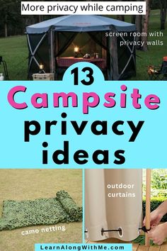 Do you want your campsite to feel a little more private? Don't want the person next to you seeing you the whole camping trip?
These campsite privacy ideas will help.
There are several portable privacy options to help make your campsite feel a bit more secluded and less like a fishbowl.

Check them out today and make your next camping trip more relaxing and secluded.

#camping  #campingprivacy   #campsiteprivacyideas  #campsiteprivacy  #campingideas Campsite Decorating, Camping Trip Ideas, Campsite Setup, Tents Camping Glamping, Privacy Ideas, Tents Camping