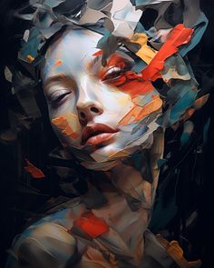 a woman's face is made up of many pieces of paper