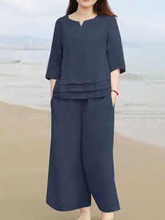 2pcs Women Solid Color Casual Top And Pant Set Navy Blue Casual  Three Quarter Length Sleeve Woven Fabric Plain  Non-Stretch  Women Clothing, size features are:Bust: ,Length: ,Sleeve Length: Tunic Designs, A Line Kurta, Easy Trendy Outfits, Dress For Short Women, Fashion Design Clothes, Linen Dresses, Two Piece Outfit, Indian Outfits, Set Dress