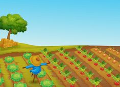 a man in a blue shirt is working in the garden with an apple tree and hay bales