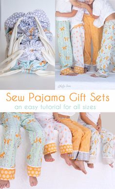 Sew pajama pants in matching sets for the whole family and bags to gift them in with this easy sewing tutorial. Quick Diy Gifts, Pajama Gift, Pajama Gift Set, Couture Bb, Diy Sy, Pants Gift, Pajamas Gift