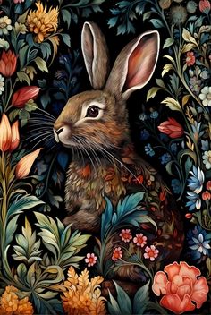 a painting of a rabbit surrounded by flowers and leaves, in the middle of a dark background