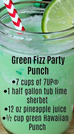 green fizz party punch recipe in a mason jar