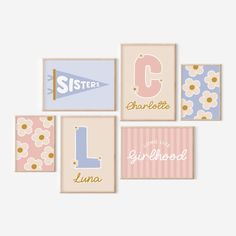 six framed wall art pieces with the letter l in different colors and designs on them