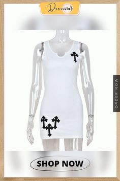 Cross Printed White Mini Dress for Women Sleeveless V-neck Basic Tank Dress Y2k Streetwear Outfits Party Bodycon Dresses Sleeveless Bodycon Y2k Dress, Spring Sleeveless Cross-tied Mini Dress, Y2k Style V-neck Mini Dress For Spring, Black Y2k Sleeveless Mini Dress, Y2k V-neck Mini Dress, Model Show, Mini Dresses For Women, Bodycon Dress Parties, Y2k Streetwear