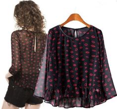 Women Sexy Lip Print Translucent Chiffon Blouse  #onlineshoppingkenya #blouses #style #Tops #fashionista #kenyafashion #womentops #lestyleparfait #fashion #clothing Red And Black Shirt, Lip Print, Women Shirt Top, Multi Color Blouse, Lips Print, Blouse Online