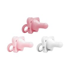 three pink, white and grey baby pacifiers on a white background