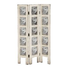 a tall white room divider with pictures on the front and side panels inlayed to each other