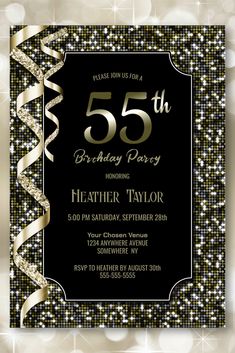 an elegant 50th birthday party card with gold and black glitters on the edges,