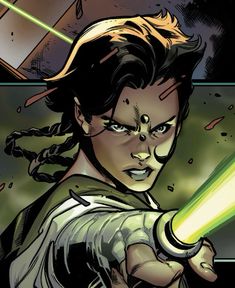 a comic character holding a green light saber