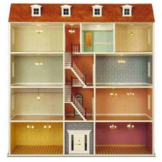 a doll house with multiple rooms and stairs on each floor, all painted different colors