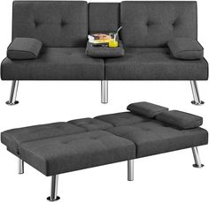 a couch and ottoman are shown in two different positions, one with a tray on it