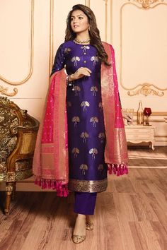 Buy Violet Silk Jacquard Long Suit. Shop a Party wear designer Pant Style Suit online at Best price, Purchase a Designer Pant Style Suit Online Available at rutbaa.com Silk Chudithar Designs, Banarsi Dupatta Suits Style, Banarsi Silk Suit Designs Indian, Silk Dupatta Suits, Unstitched Suits Design, Banarasi Suit Design