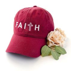 Christian Baseball Hat | Embroidered Faith Hat in Red Red Hat With Embroidered Logo And Curved Brim, Red Baseball Cap Dad Hat, Red Dad Hat, Baseball Cap Fit, Red Dad Hat One Size Baseball Cap, Red Dad Hat One Size, Red Dad Hat One Size Fits Most, Red Dad Baseball Cap, Adjustable Red Dad Hat, Adjustable Red Baseball Cap