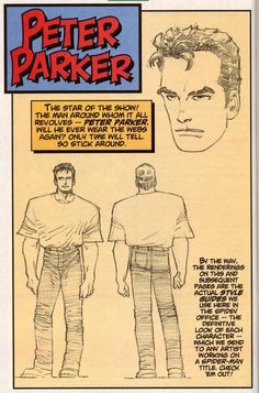 a page from the comic book peter parker, with an image of a man in white shirt and jeans