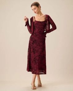 Women's Red Floral Bodycon Slip Midi Dress & Reviews - Wine Red - Dresses | RIHOAS Dark Floral Midi Dress, Strapless Dress With Shawl, Red Dress Boho, Red Winter Dress, Midi Dress With Cardigan, Burgundy Dress Outfit, Recital Dress, Wine Red Dress, Winter Wedding Guest Dress