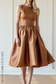 Olivia Mark - Caramel Satin Midi Dress with Flared Skirt and Sleeveless Design Brown A-line Midi Dress For Evening, Summer Satin Dress With Flared Skirt, Party Dress With Lined Midi Skirt, Summer Flared Satin Dress, Sleeveless Brown Evening Dress, Brown Sleeveless Evening Dress, Brown Sleeveless Spring Party Dress, Brown Sleeveless Party Dress For Spring, Brown Sleeveless Dress For Spring Party