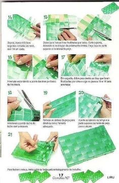 instructions on how to make an origami box with green tiles and scissors for cutting