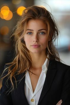 Close-up of a young woman with striking blue eyes and tousled hair, wearing a white shirt and black jacket. Women's Haircut, Hairstyle For Women, Hairstyle Bun, Long Brunette, Fall Hair Trends, Hairstyle Inspo, Brunette Highlights, Hairstyles Women, Hairstyle Women