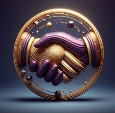 two hands shaking each other in front of a circular object with gold and purple accents